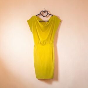 Yellow Cowl Neck Sheath Dress Small Coastal Prep Cap Sleeve Stretch Midi Bodycon